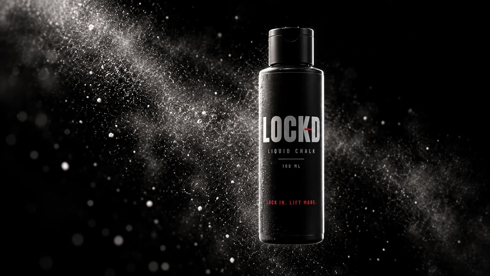 Flacon LOCKD Liquid Chalk en suspension dans un nuage de magnésie